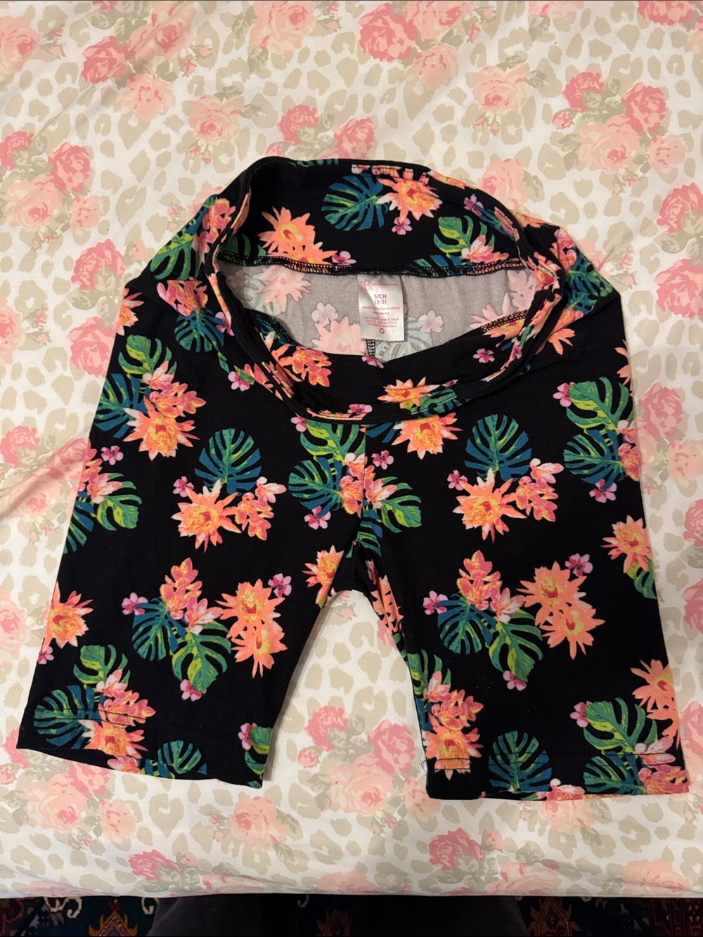 No Boundaries Black Floral Bike Shorts with Pink and Green Tropical Print